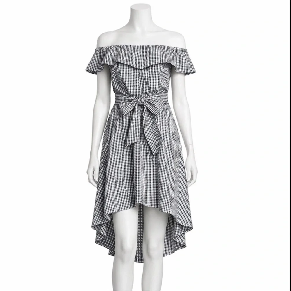Saks Fifth Avenue Gingham Off-Shoulder Hi-Low Dress Tie Waist Black White M